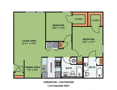 Floor plan for 2 beds, 2 baths, 1070 sqft